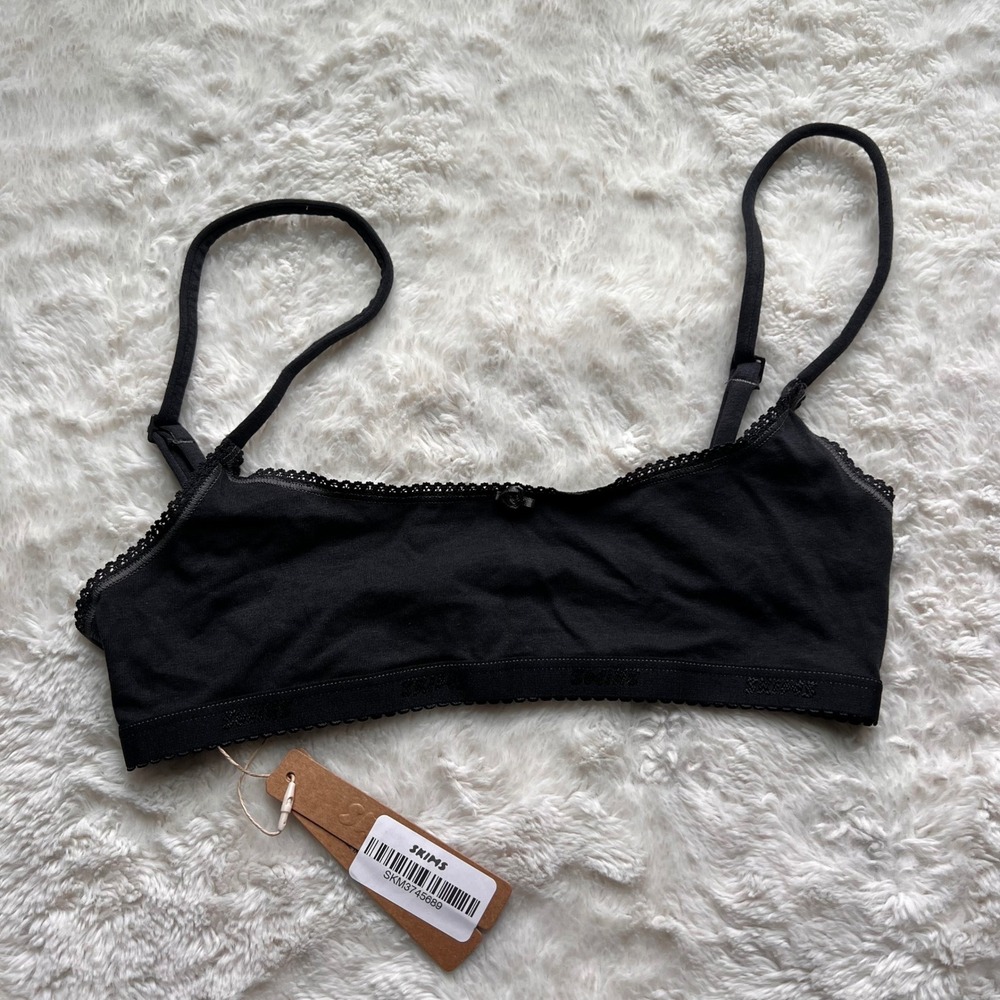 SKIMS Logo Picot Scoop Bralette Soot Tonal Black Cotton BR-BRL-11450W Small NEW